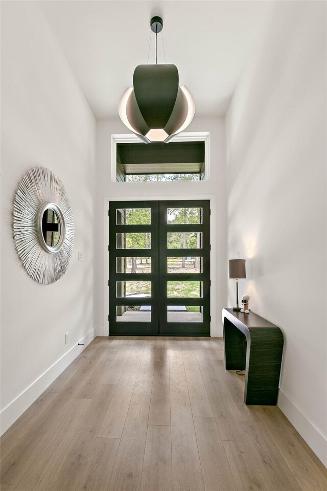 entryway with french doors and light wood-type flooring