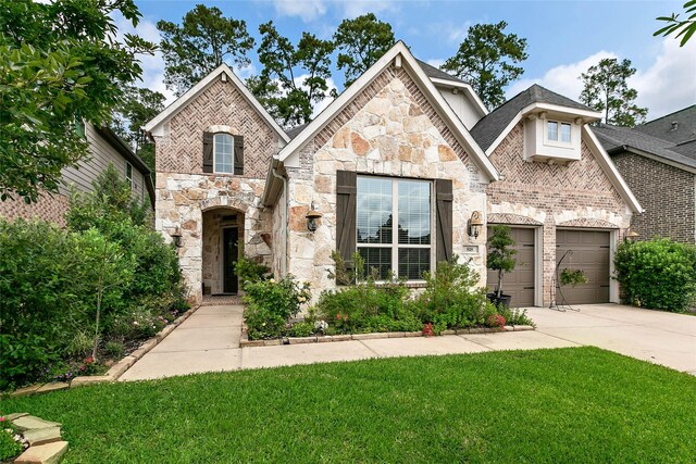 view of front of property with a garage and a front lawn