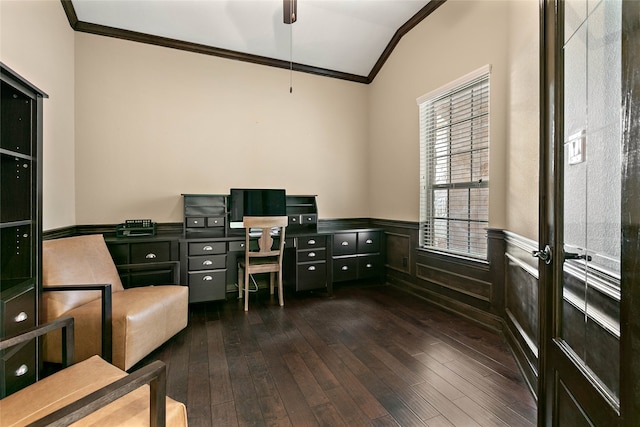 home office with dark hardwood / wood-style flooring, lofted ceiling, and ornamental molding