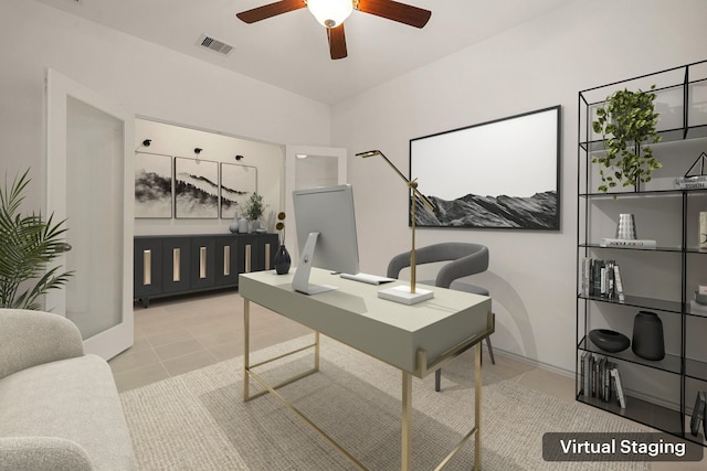 home office with ceiling fan and light tile patterned flooring