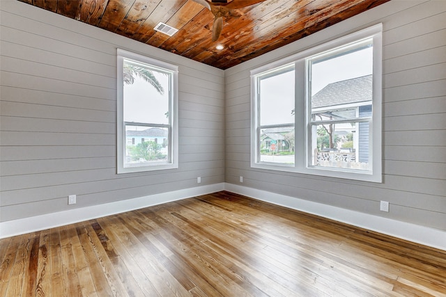 unfurnished room with wood walls, wood ceiling, and light hardwood / wood-style flooring