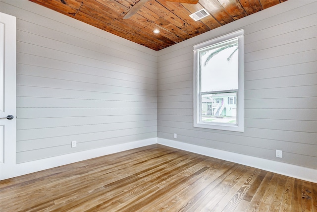 empty room featuring wooden ceiling, wood walls, and hardwood / wood-style floors