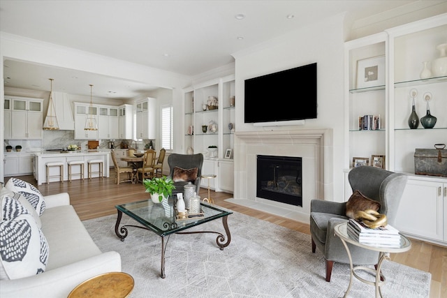 living room with built in shelves and light wood-type flooring