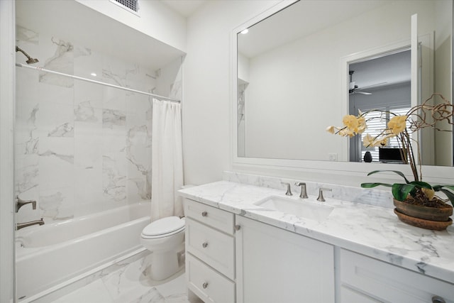 full bathroom with vanity, toilet, ceiling fan, and shower / bath combo with shower curtain