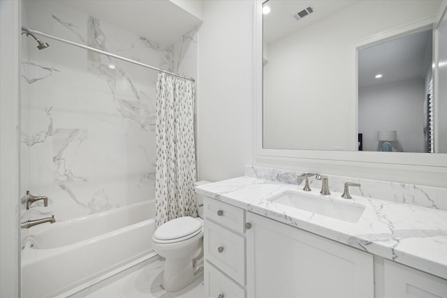 full bathroom featuring vanity, shower / bath combination with curtain, and toilet