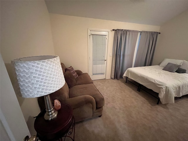 bedroom with lofted ceiling and carpet floors