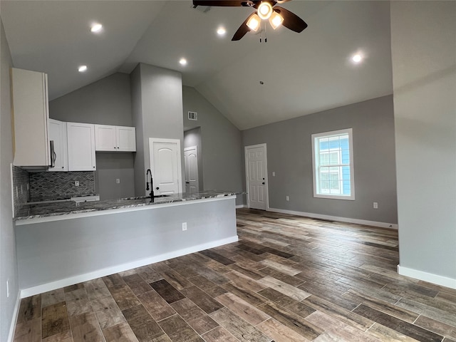 kitchen with white cabinetry, dark hardwood / wood-style floors, and light stone counters