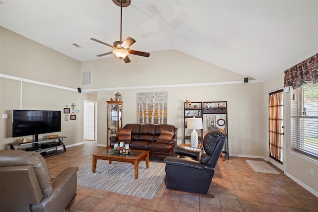 living room with ceiling fan, tile patterned flooring, and high vaulted ceiling