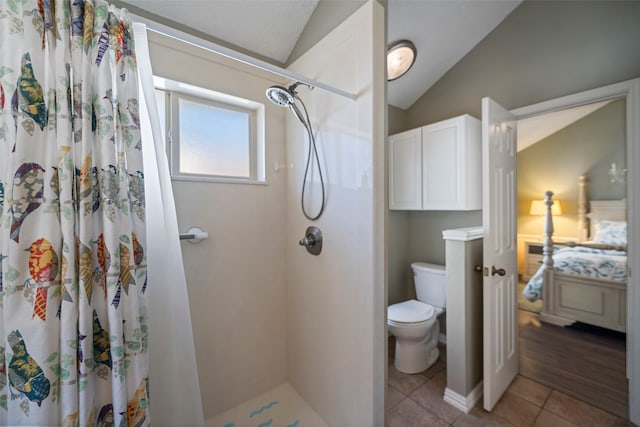 bathroom with tile patterned flooring, lofted ceiling, toilet, and a shower with curtain