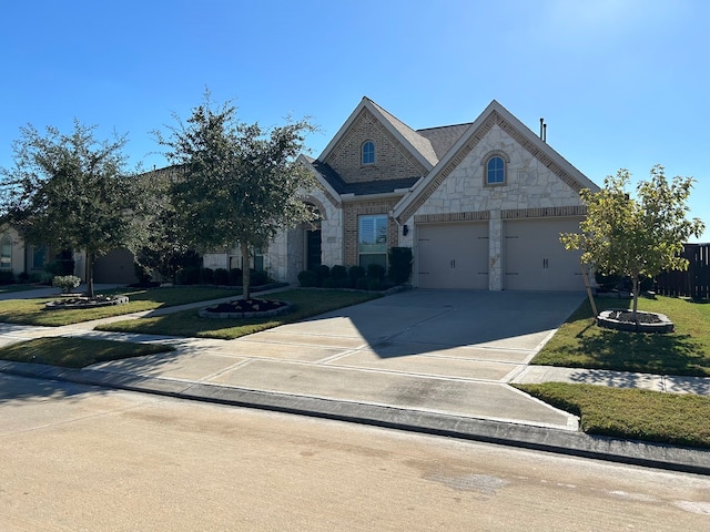 view of front of house with a garage and a front lawn