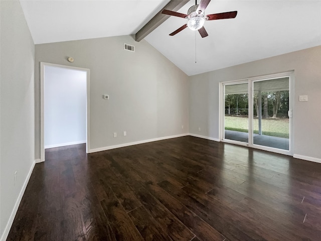 empty room featuring dark hardwood / wood-style flooring, ceiling fan, and lofted ceiling with beams