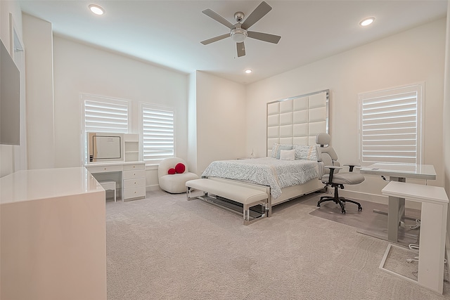 bedroom with ceiling fan, carpet floors, and recessed lighting