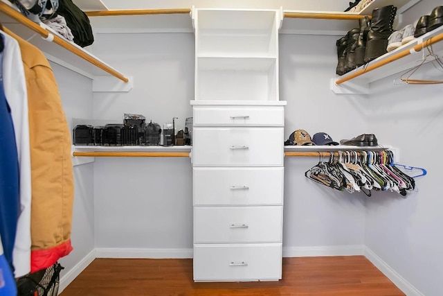 walk in closet with wood-type flooring