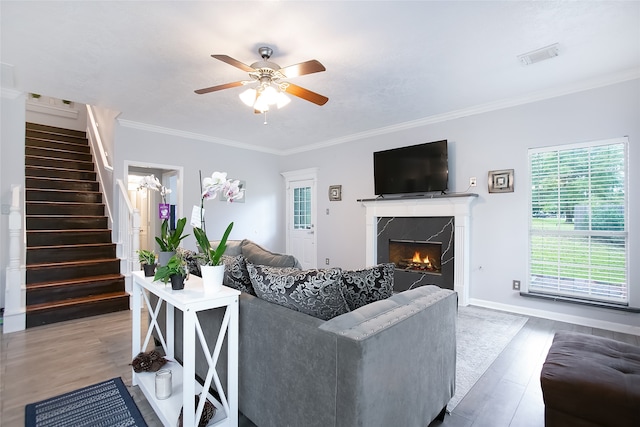 living room featuring a fireplace, hardwood / wood-style flooring, ceiling fan, and ornamental molding