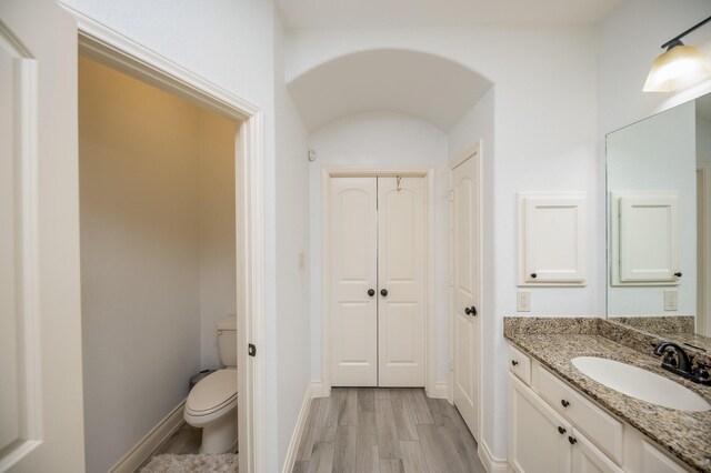 bathroom with toilet, vanity, and wood-type flooring