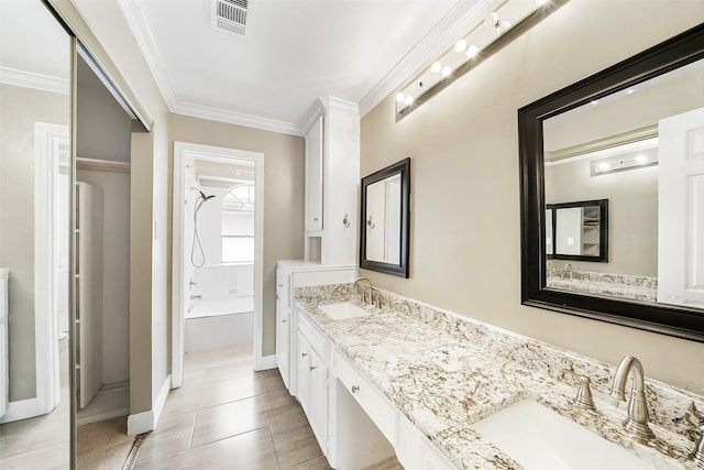 bathroom with ornamental molding, vanity, tile patterned floors, and plus walk in shower