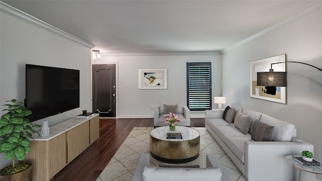 living room featuring light hardwood / wood-style floors and crown molding