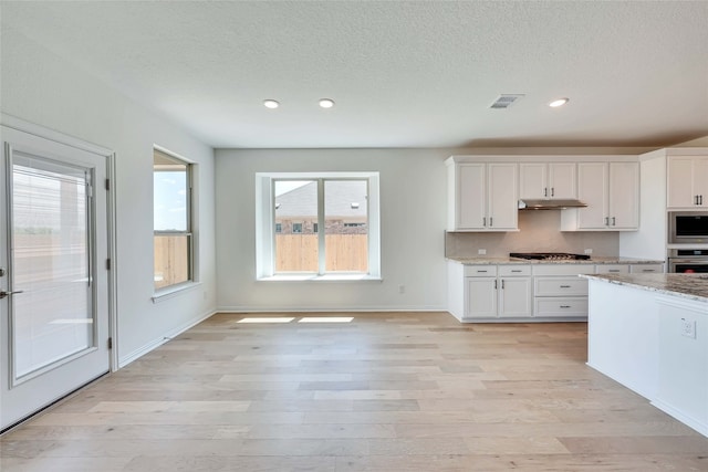 kitchen with light stone counters, white cabinets, and a healthy amount of sunlight