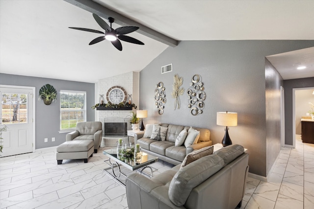 living room featuring a brick fireplace, ceiling fan, and lofted ceiling with beams