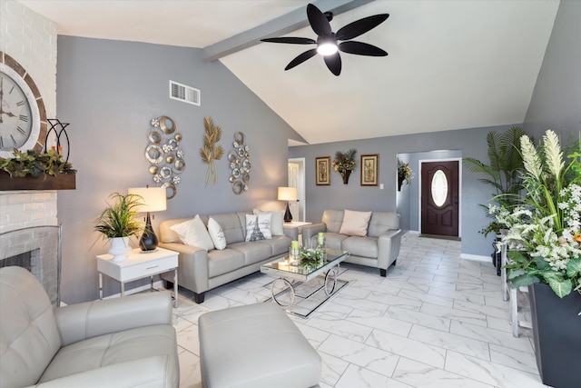 living room featuring a brick fireplace, ceiling fan, and vaulted ceiling with beams