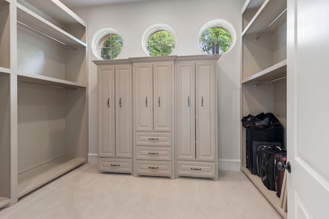 walk in closet with light carpet