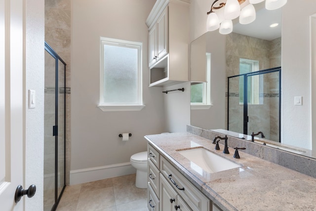 bathroom featuring tile patterned flooring, vanity, an enclosed shower, and toilet