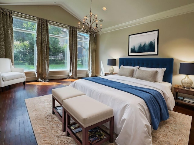 bedroom featuring ornamental molding, dark hardwood / wood-style flooring, lofted ceiling, and a notable chandelier