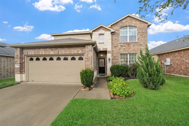 front facade with a garage and a front yard