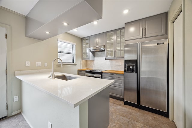 kitchen featuring decorative backsplash, kitchen peninsula, appliances with stainless steel finishes, and sink