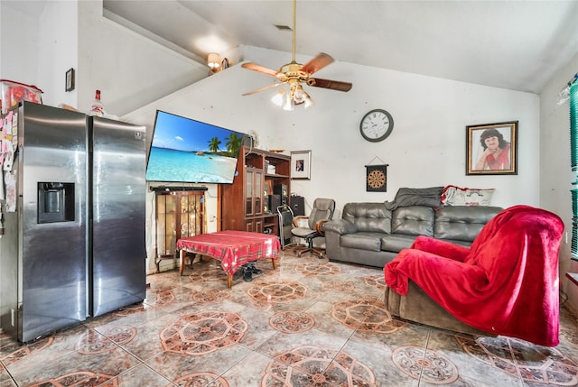 living room featuring tile patterned floors, ceiling fan, and lofted ceiling