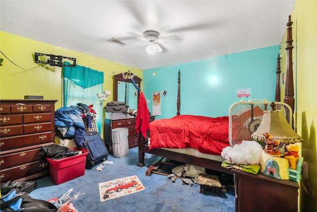 carpeted bedroom featuring ceiling fan