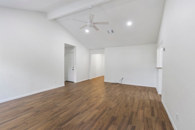 unfurnished living room with ceiling fan, dark hardwood / wood-style flooring, beamed ceiling, and high vaulted ceiling