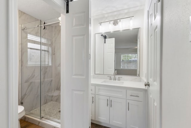 bathroom featuring vanity, a shower with shower door, a textured ceiling, and hardwood / wood-style flooring