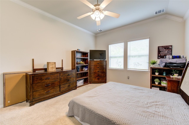 8438 Sunset Isles Dr, Baytown, TX 77521 - bedroom with light colored carpet, ornamental molding, a ceiling fan, vaulted ceiling, and baseboards