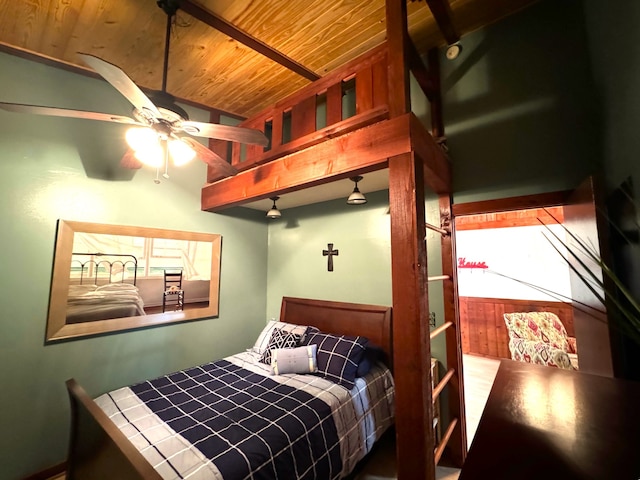 bedroom featuring ceiling fan and wooden ceiling