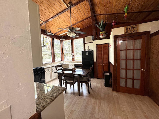 dining area with sink, ceiling fan, wood ceiling, light wood-type flooring, and lofted ceiling with beams