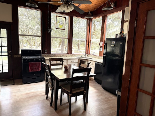 dining area featuring light hardwood / wood-style floors, sink, ceiling fan, wood ceiling, and lofted ceiling