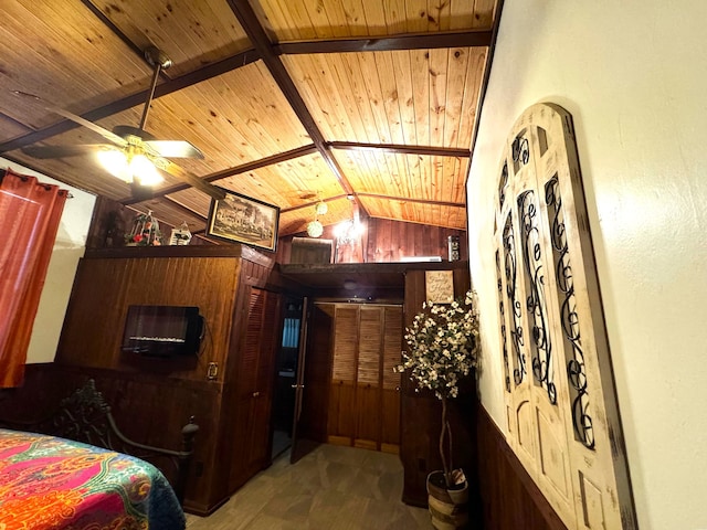 bedroom featuring lofted ceiling with beams, hardwood / wood-style floors, wooden walls, and wooden ceiling