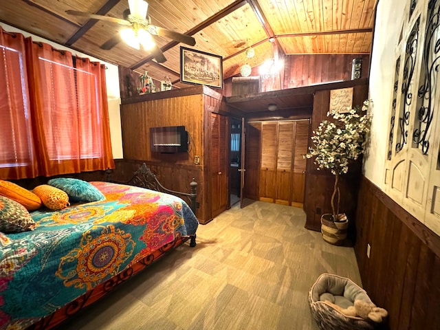 bedroom with light wood-type flooring, wooden walls, wood ceiling, and vaulted ceiling