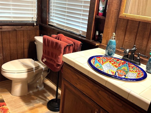 bathroom featuring vanity, hardwood / wood-style flooring, toilet, and wooden walls