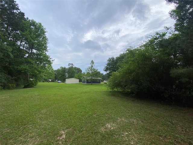 view of yard featuring a storage shed and an outbuilding