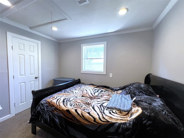 carpeted bedroom with ornamental molding