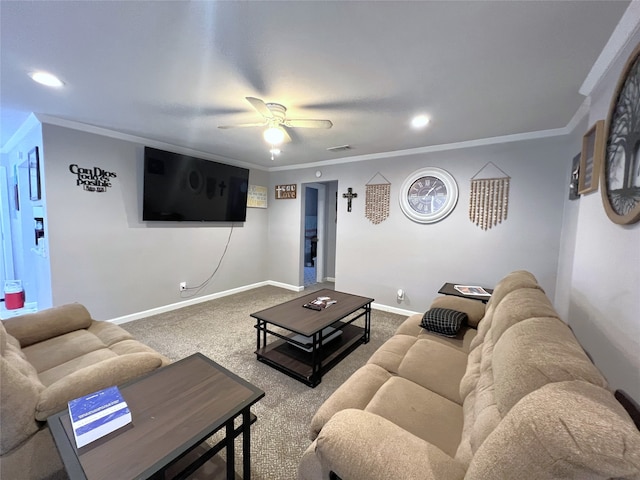 carpeted living room with ceiling fan and crown molding