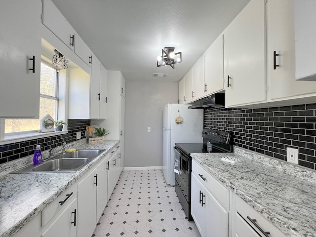 kitchen featuring electric range, a sink, light countertops, under cabinet range hood, and white cabinetry