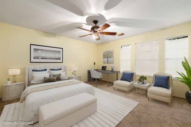 bedroom featuring carpet flooring and ceiling fan