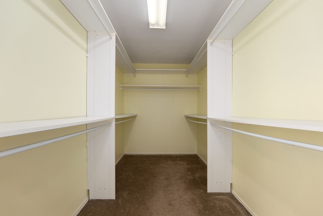 walk in closet featuring dark carpet