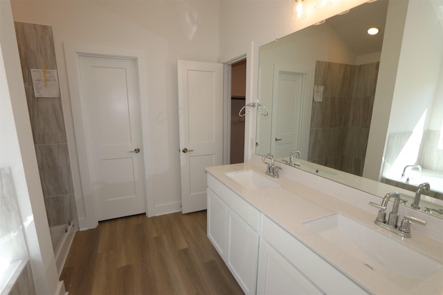 full bathroom featuring double vanity, wood finished floors, and a sink