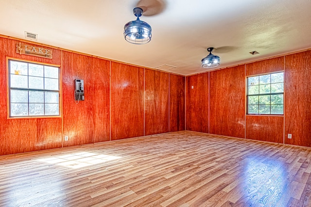 empty room with wood walls, a wealth of natural light, and light hardwood / wood-style flooring