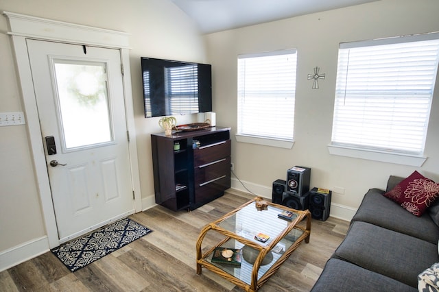 entryway with light hardwood / wood-style flooring, lofted ceiling, and a healthy amount of sunlight