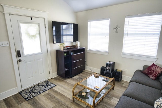 334 Sand Dune Ct, Surfside Beach, TX 77541 - entryway with wood finished floors, vaulted ceiling, and baseboards